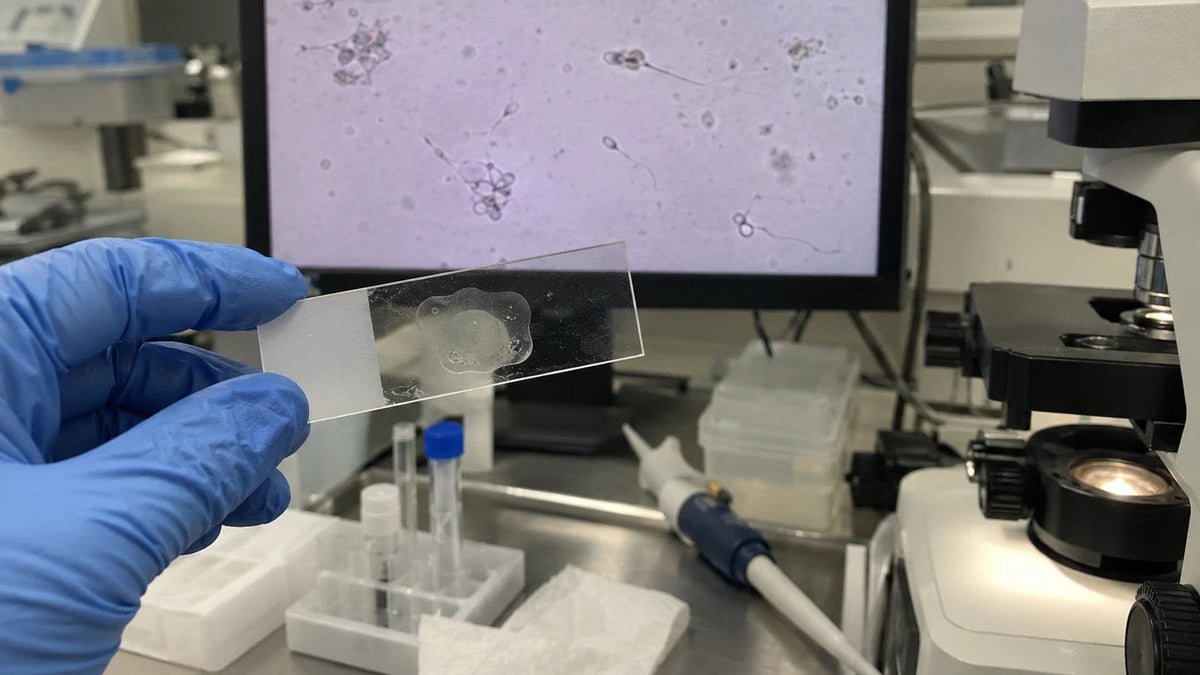 Gloved hand holding a microscope slide in front of a screen showing few, clumped and misshapen sperm