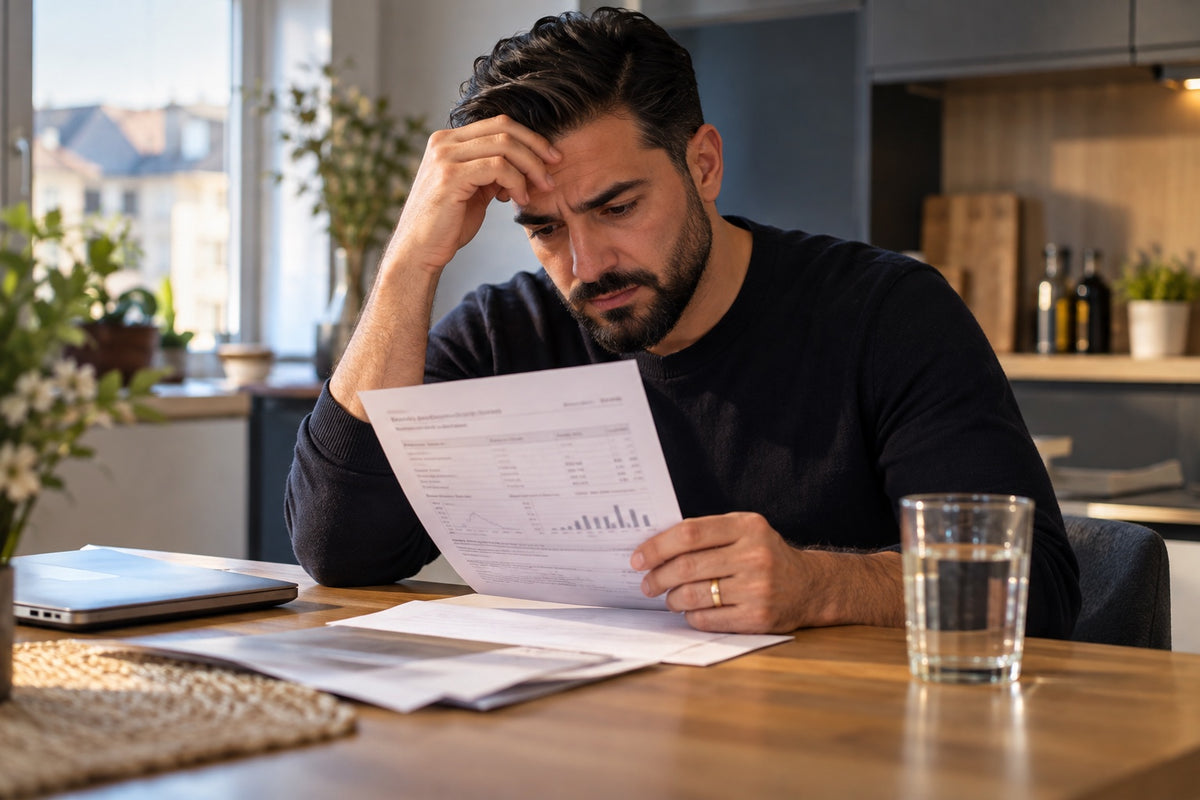 A man at his kitchen table reading a lab report