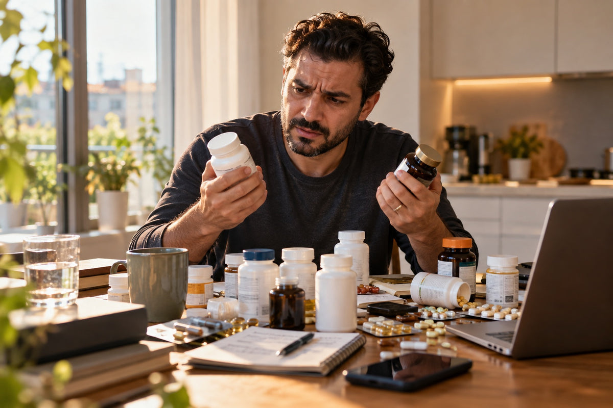 A man comparing a table full of supplement bottles