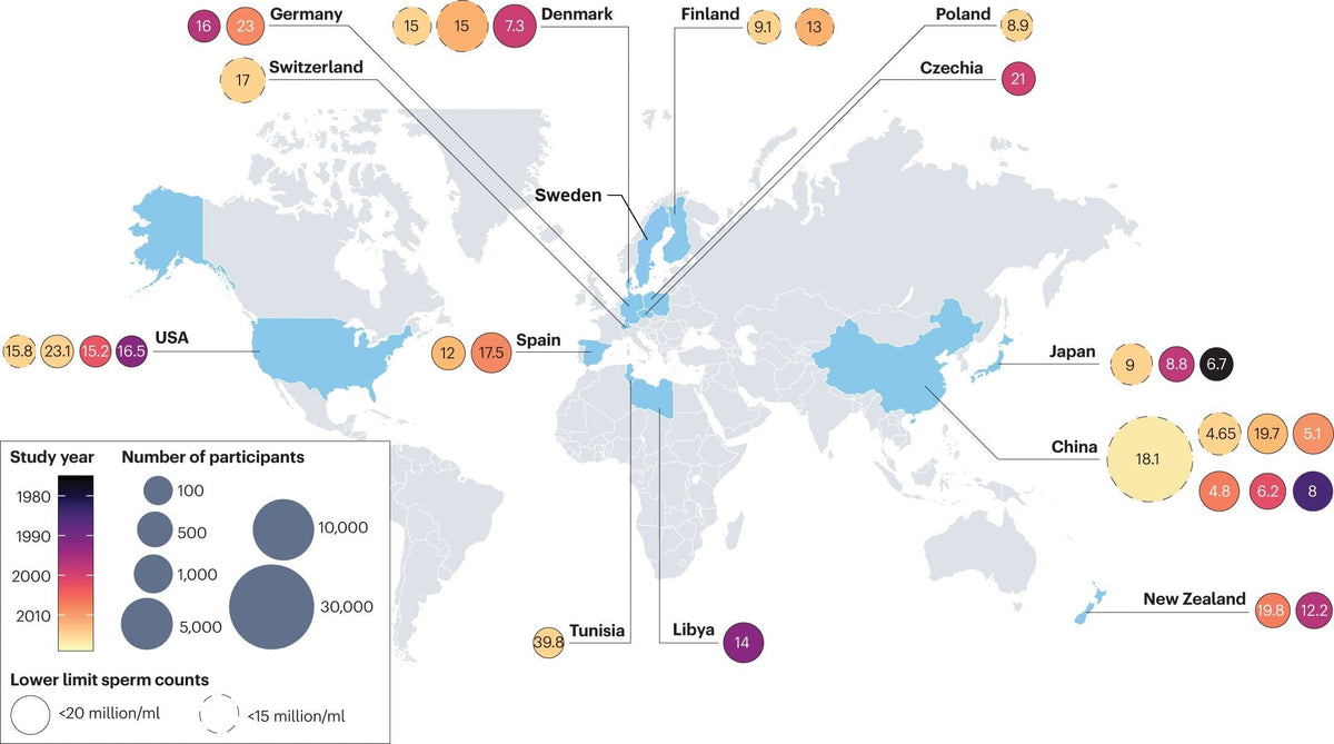 World map of sperm count studies by country and year, with Sweden highlighted